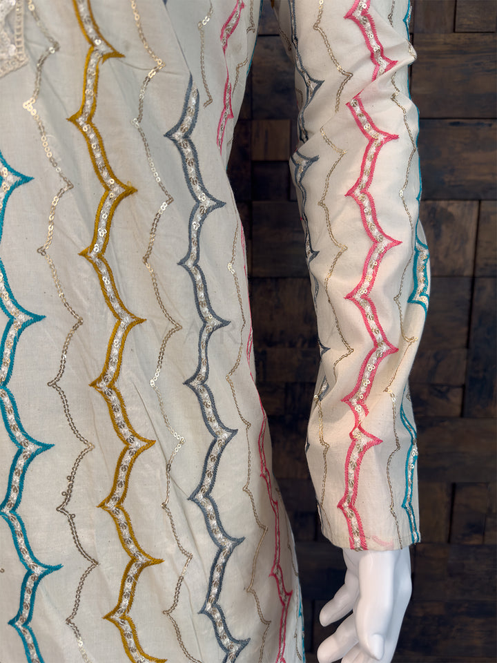 White Pure Cotton Kurta with Multi-Color Zig-Zag Sequin Embroidery