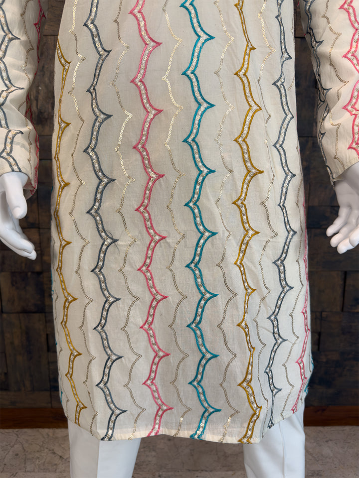 White Pure Cotton Kurta with Multi-Color Zig-Zag Sequin Embroidery