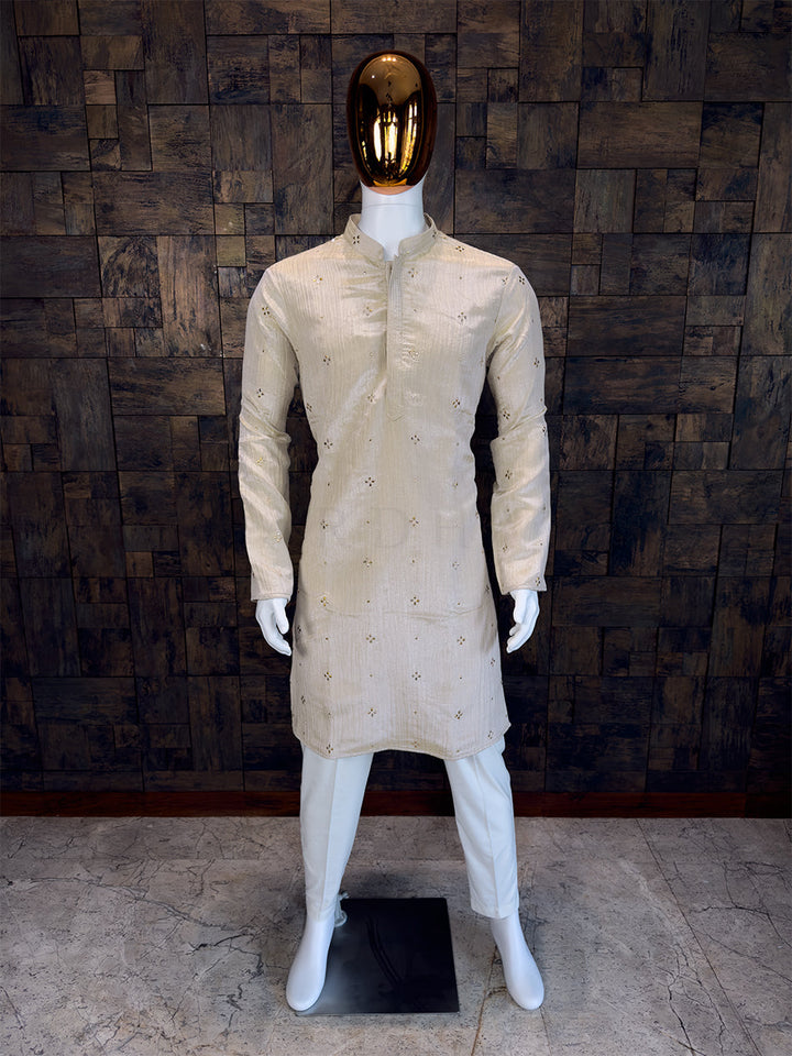 Cream Viscose Crushed Tissue Kurta with Scattered Mukaish Work House of Vardha