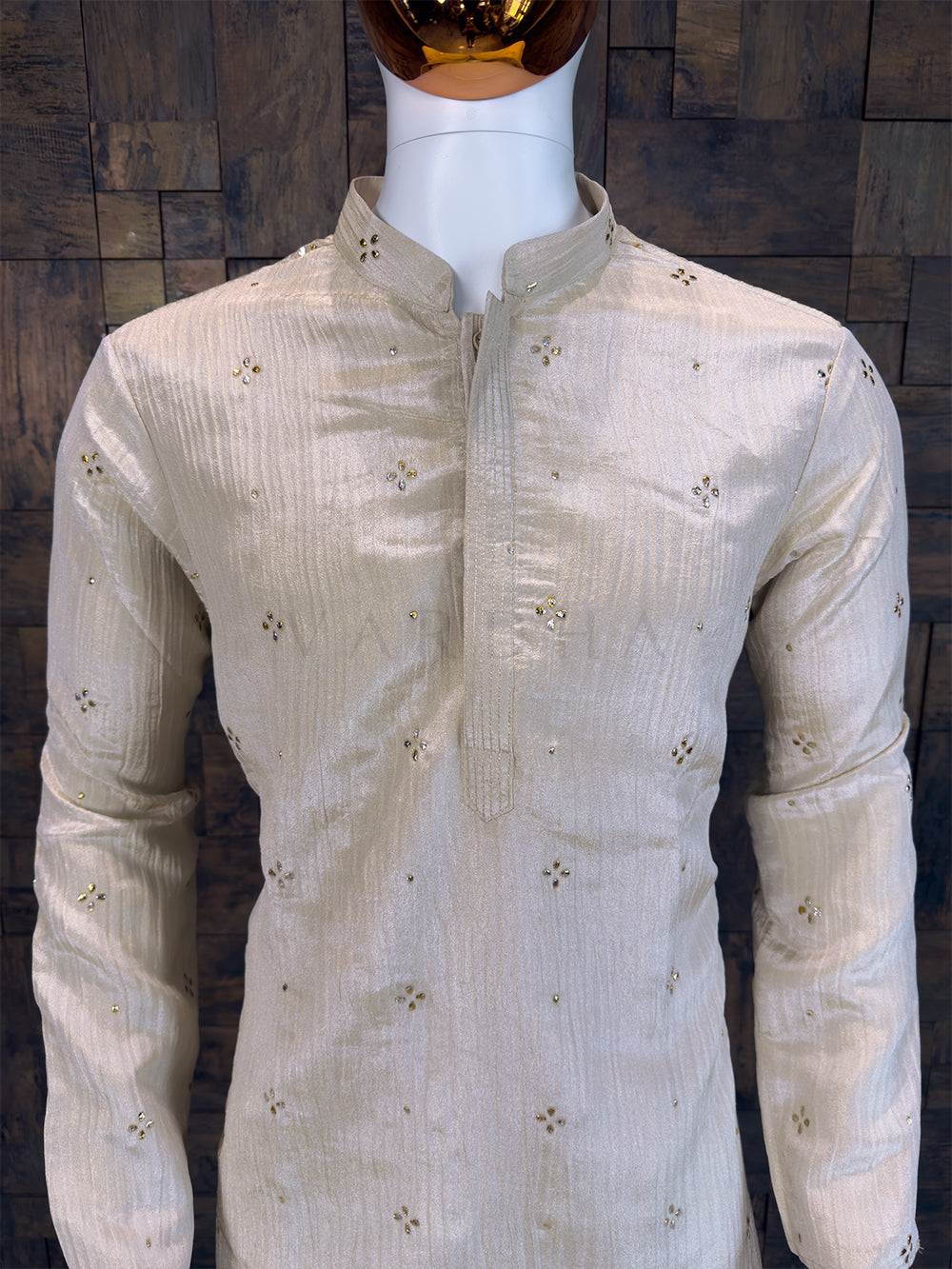 Cream Viscose Crushed Tissue Kurta with Scattered Mukaish Work House of Vardha