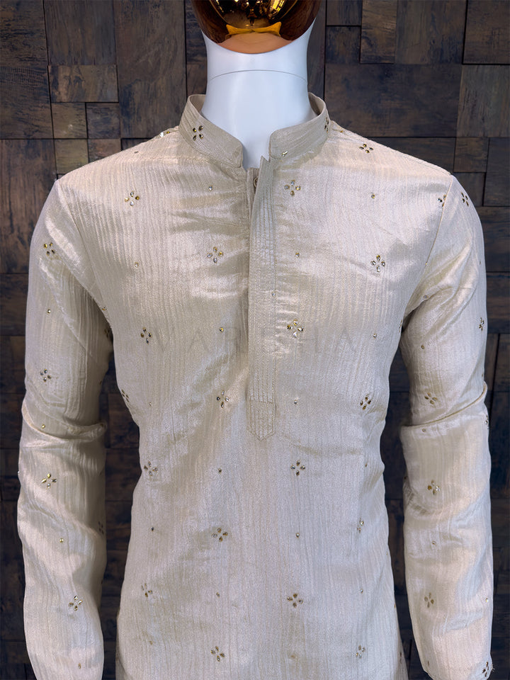 Cream Viscose Crushed Tissue Kurta with Scattered Mukaish Work House of Vardha