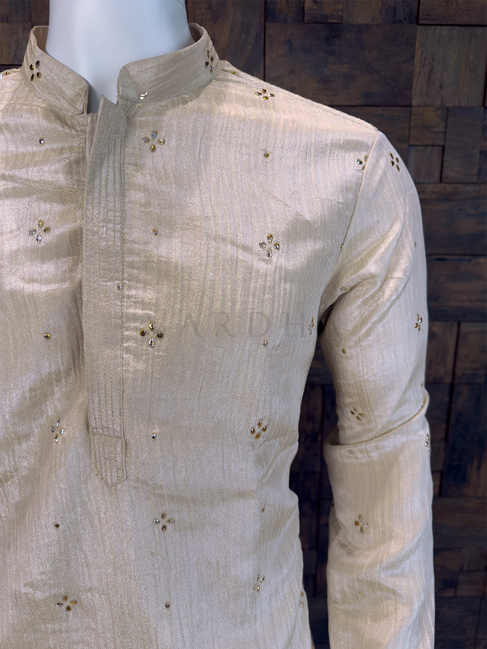 Cream Viscose Crushed Tissue Kurta with Scattered Mukaish Work House of Vardha