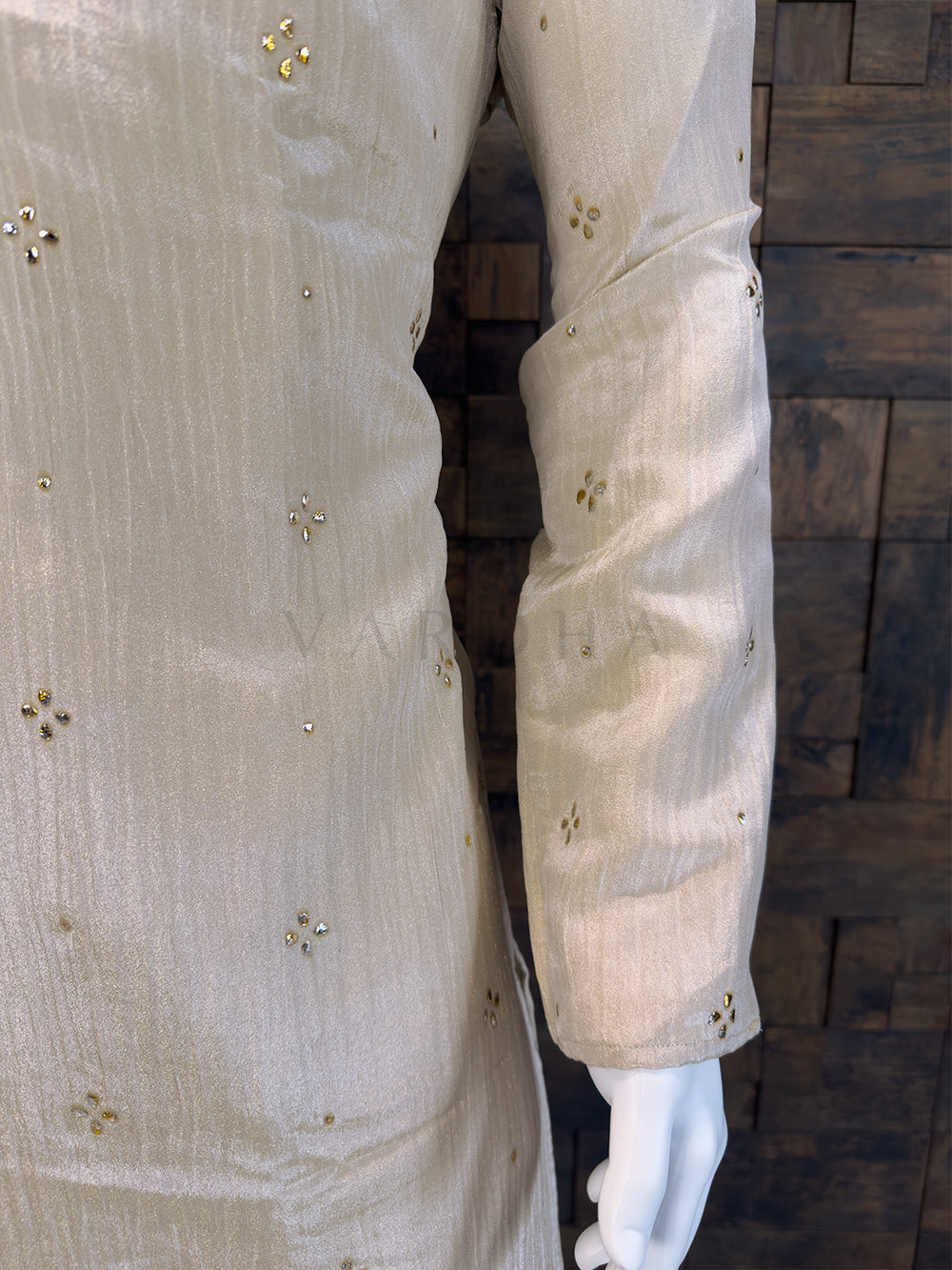 Cream Viscose Crushed Tissue Kurta with Scattered Mukaish Work House of Vardha