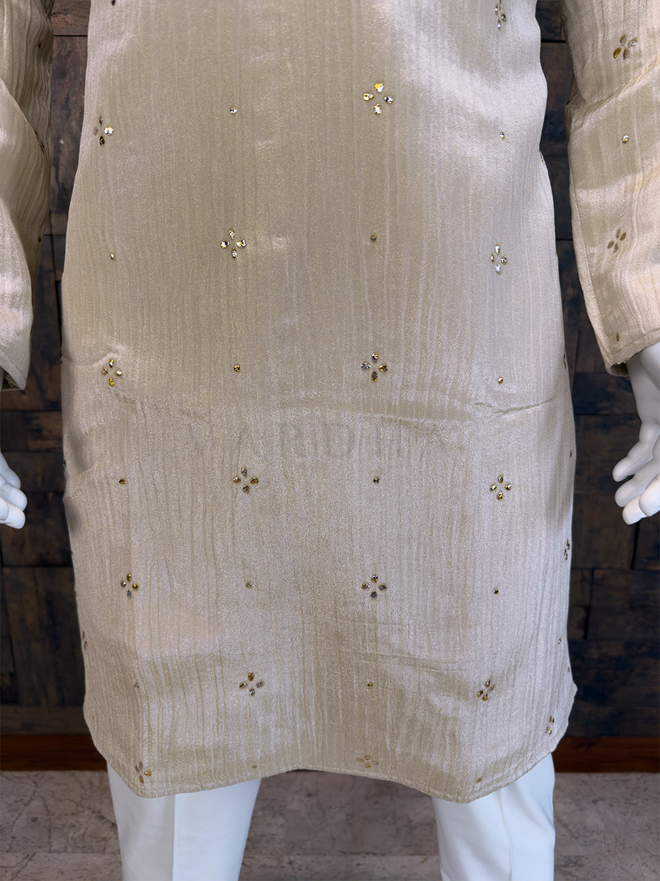 Cream Viscose Crushed Tissue Kurta with Scattered Mukaish Work House of Vardha