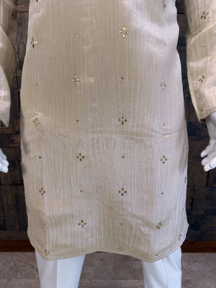 Cream Viscose Crushed Tissue Kurta with Scattered Mukaish Work House of Vardha
