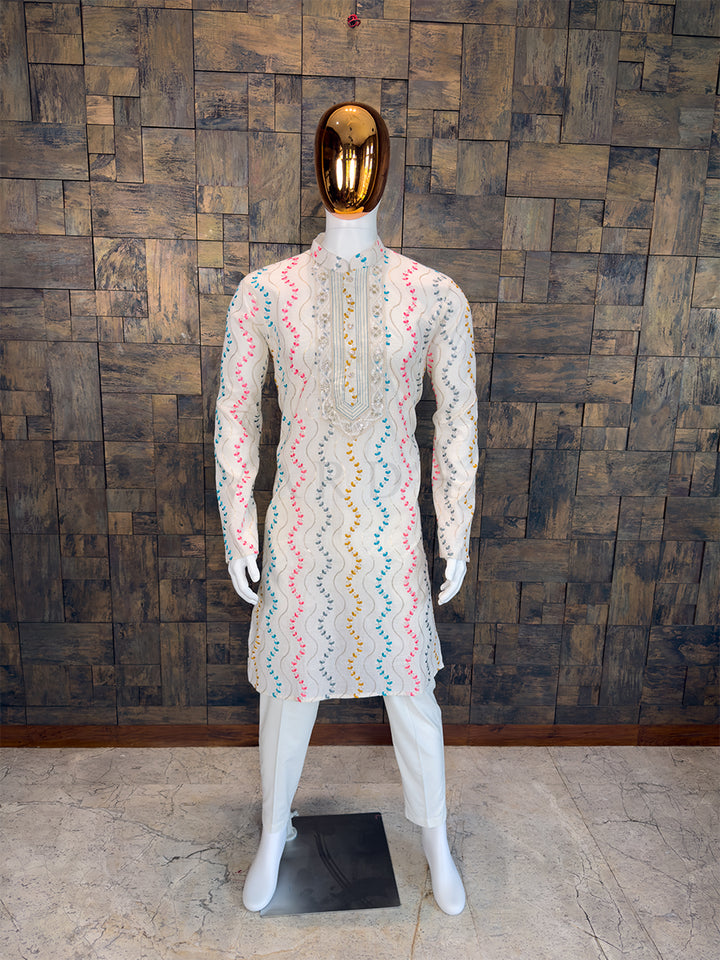 Off-White Pure Cotton Kurta with Multi-Color Wavy Embroidery & Lace Placket