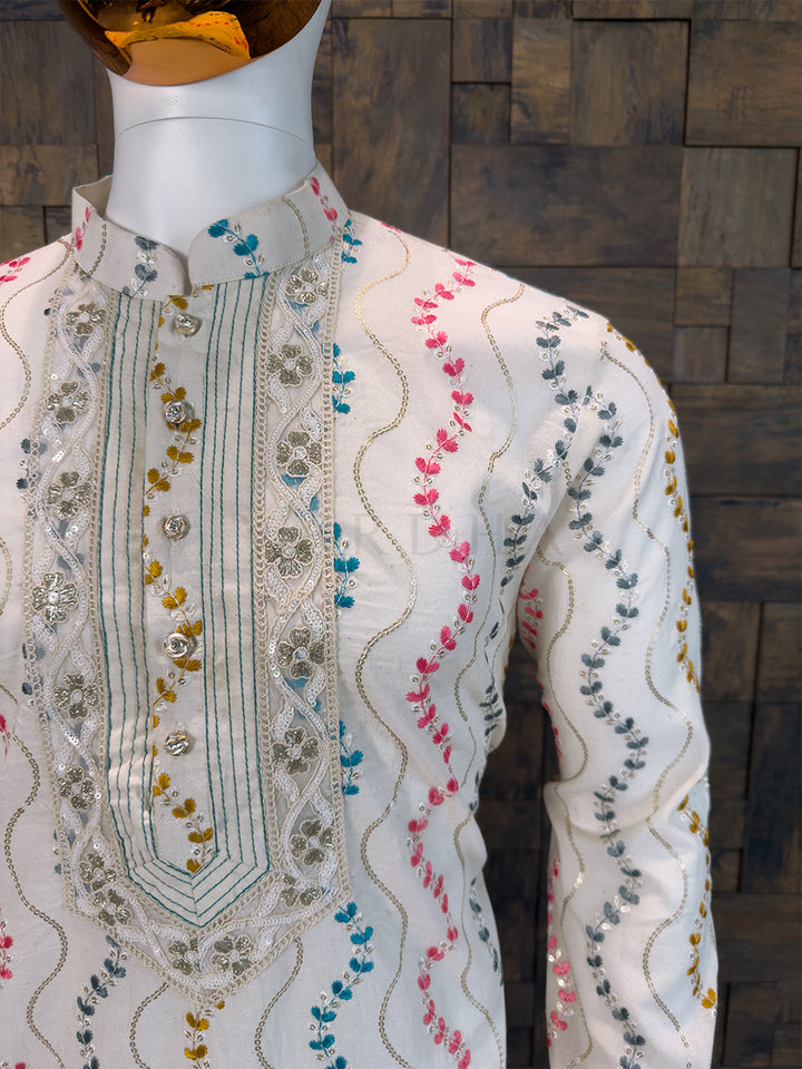 Off-White Pure Cotton Kurta with Multi-Color Wavy Embroidery & Lace Placket