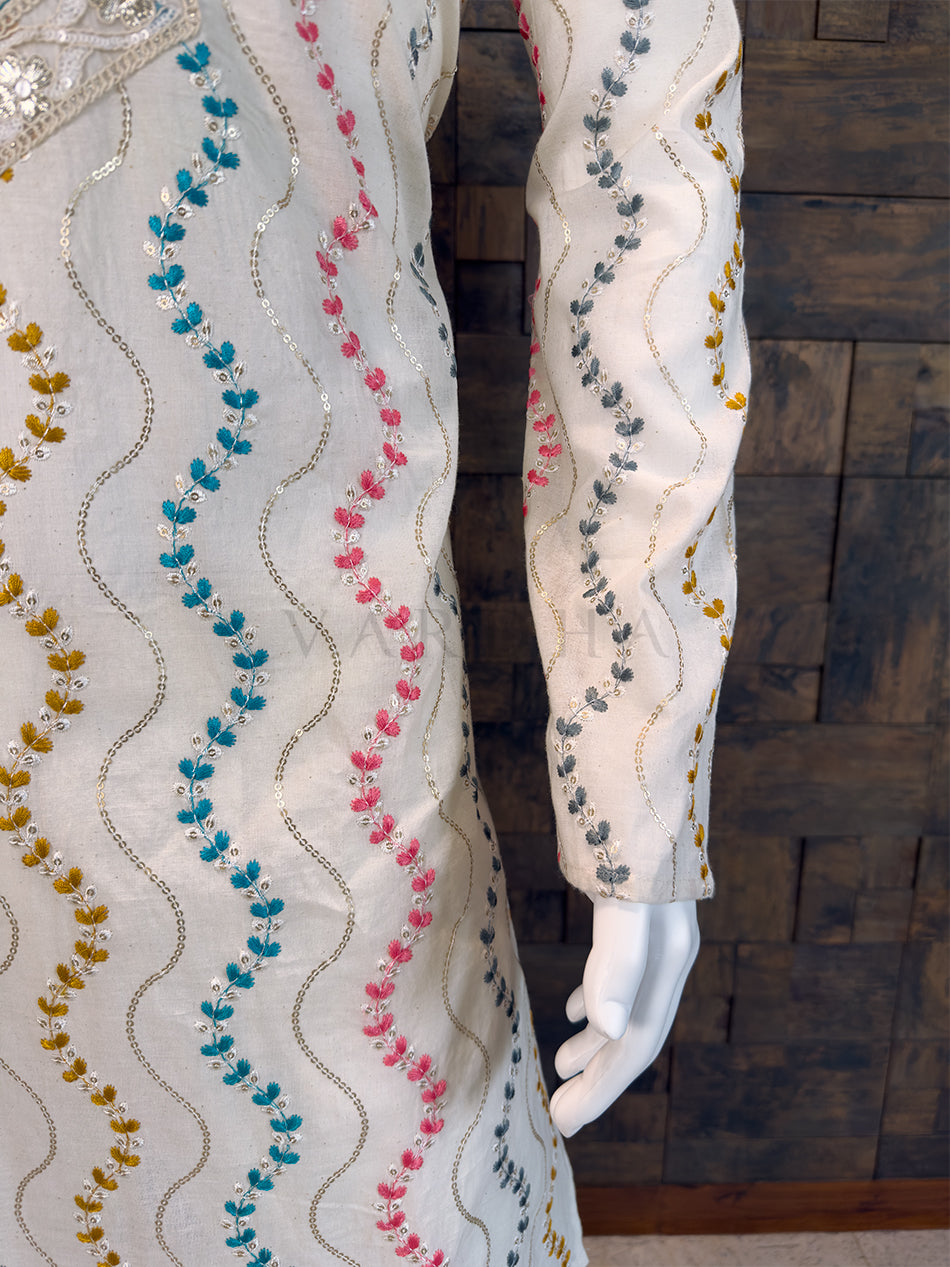 Off-White Pure Cotton Kurta with Multi-Color Wavy Embroidery & Lace Placket