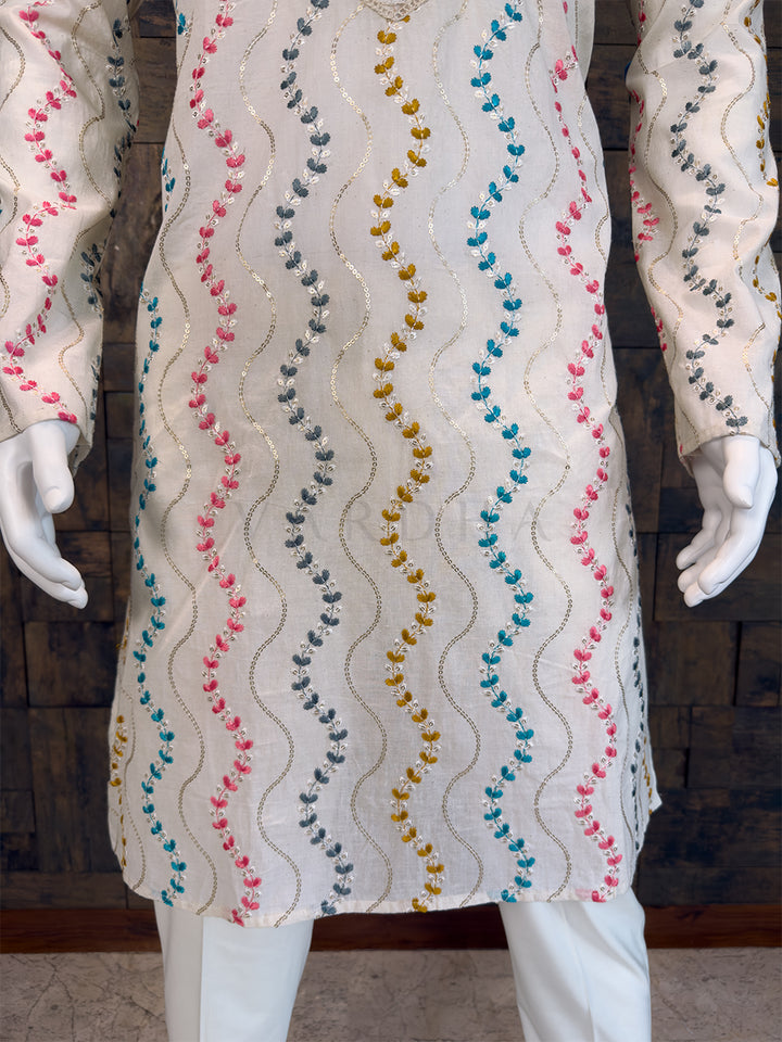 Off-White Pure Cotton Kurta with Multi-Color Wavy Embroidery & Lace Placket