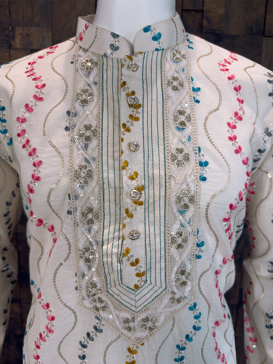 Off-White Pure Cotton Kurta with Multi-Color Wavy Embroidery & Lace Placket