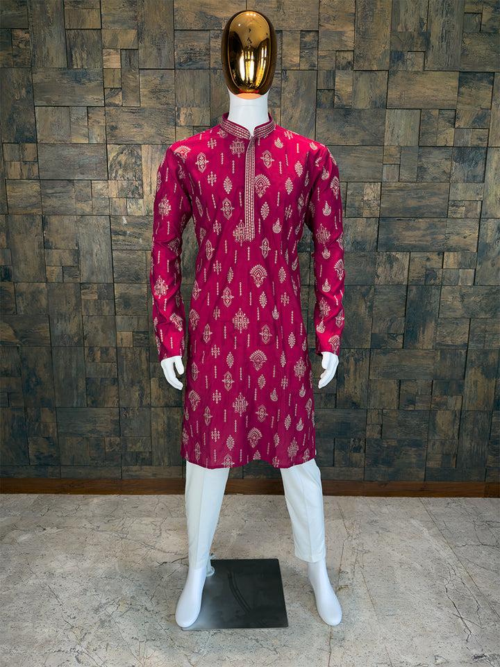 Rani-Pink Art Silk Embroidery Kurta with Gold Zari Paisley