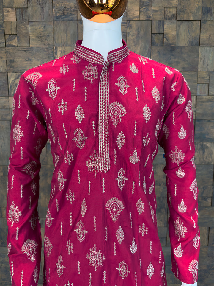 Rani-Pink Art Silk Embroidery Kurta with Gold Zari Paisley