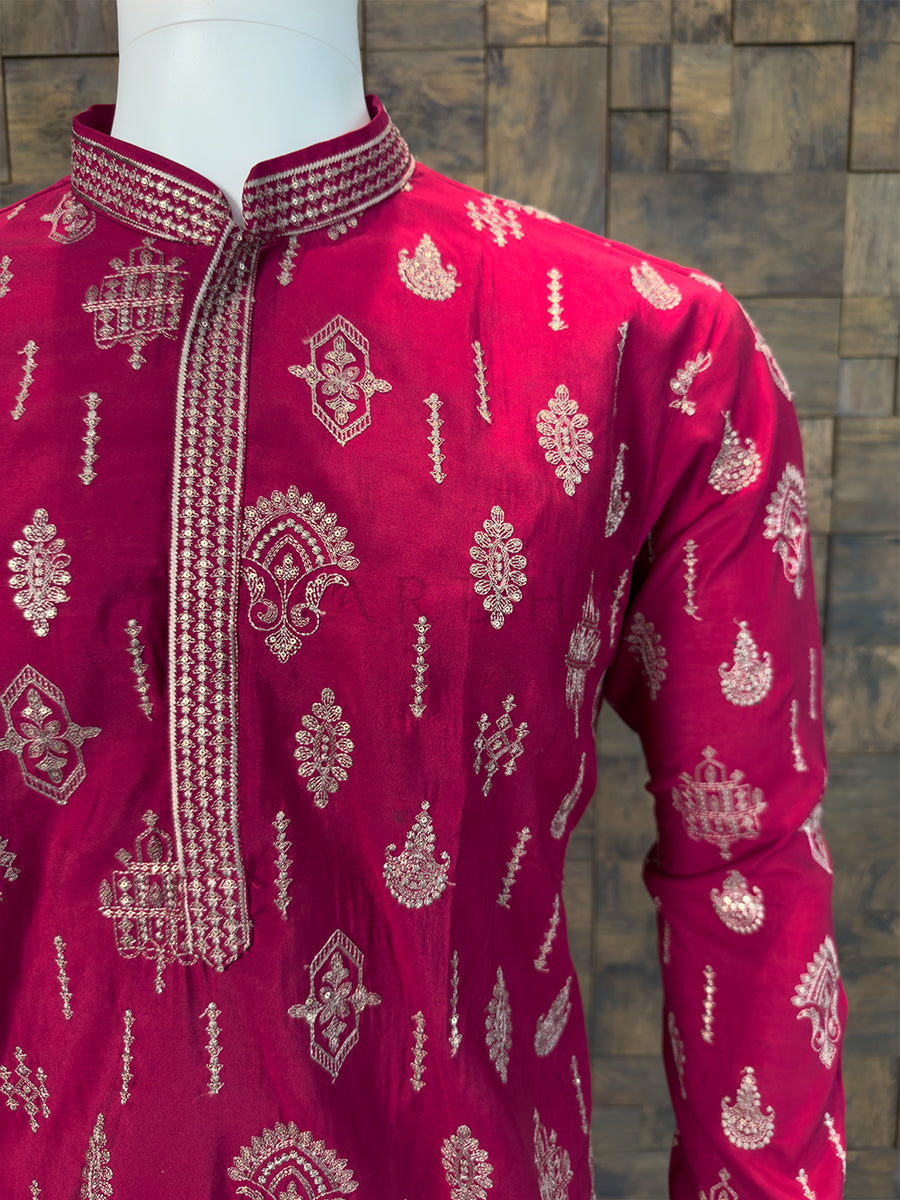 Rani-Pink Art Silk Embroidery Kurta with Gold Zari Paisley