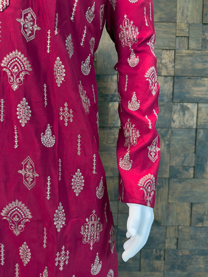 Rani-Pink Art Silk Embroidery Kurta with Gold Zari Paisley