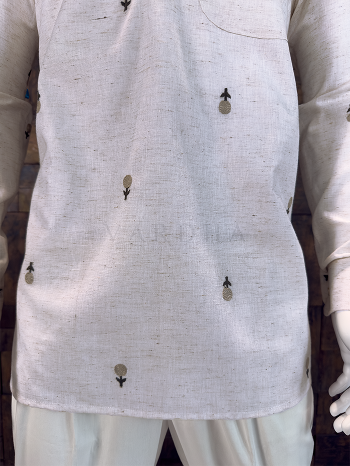 Off-White Cotton Short Kurta with Minimalist Floral Embroidery