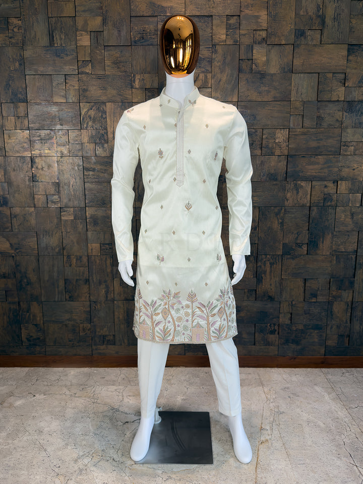 Cream Art Silk Designer Kurta with Scenic Nature Hemline Embroidery