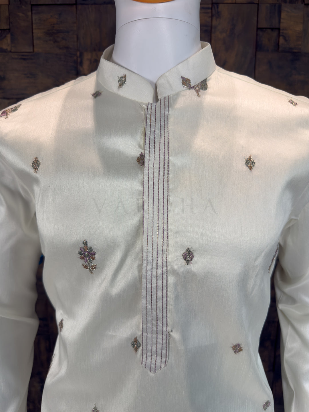 Cream Art Silk Designer Kurta with Scenic Nature Hemline Embroidery