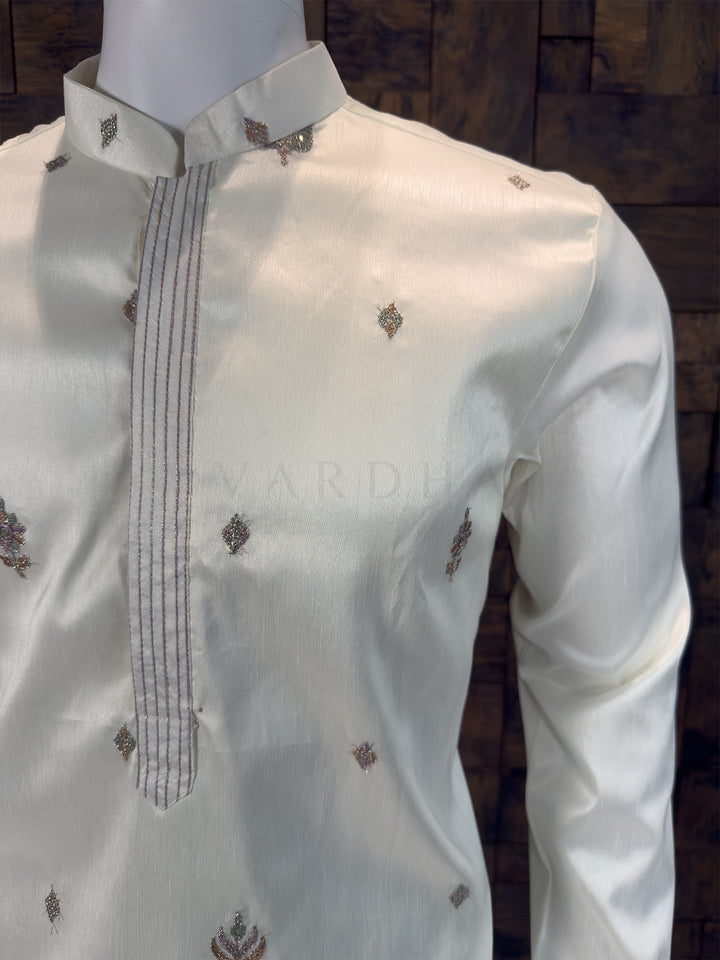 Cream Art Silk Designer Kurta with Scenic Nature Hemline Embroidery