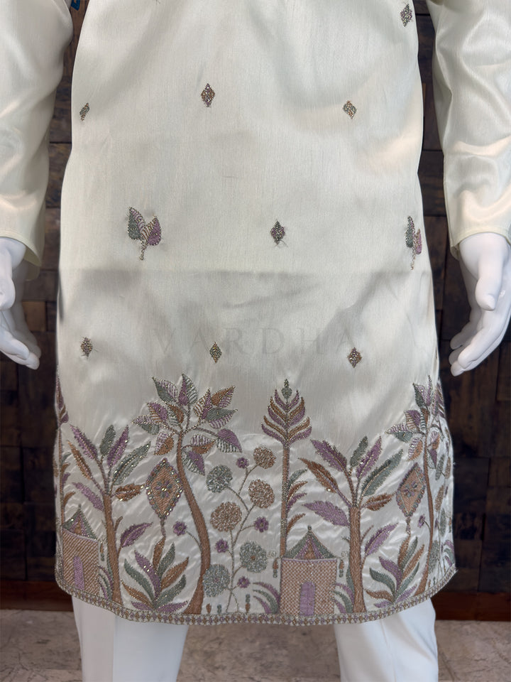 Cream Art Silk Designer Kurta with Scenic Nature Hemline Embroidery