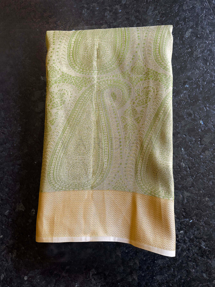 Pastel Green Tissue Kanjivaram Silk Saree with Gold Zari Work