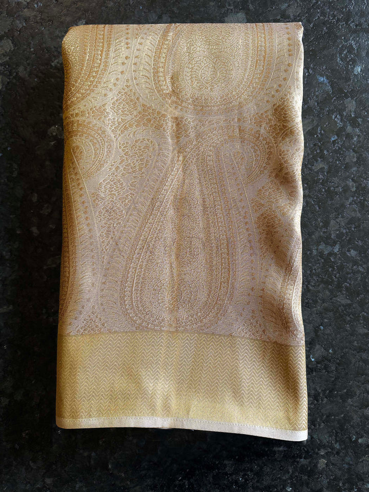 Chikoo Tissue Kanjivaram Silk Saree with Gold Zari Work