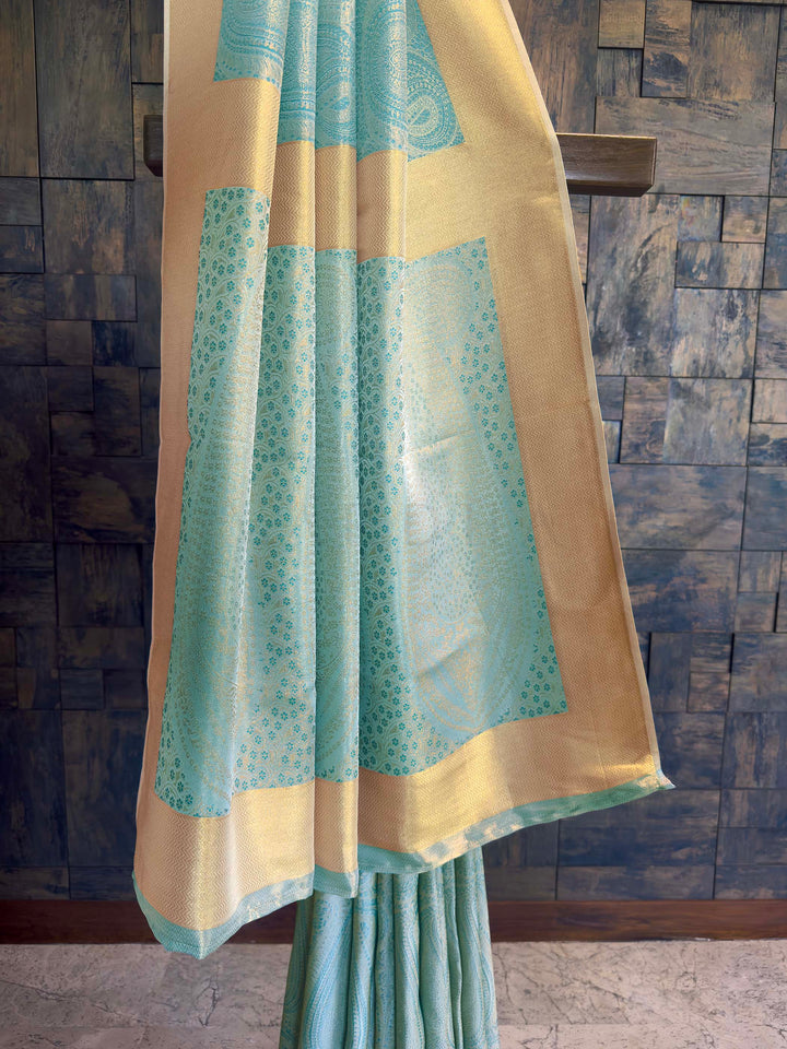 Aqua Blue Tissue Kanjivaram Silk Saree with Gold Zari Work
