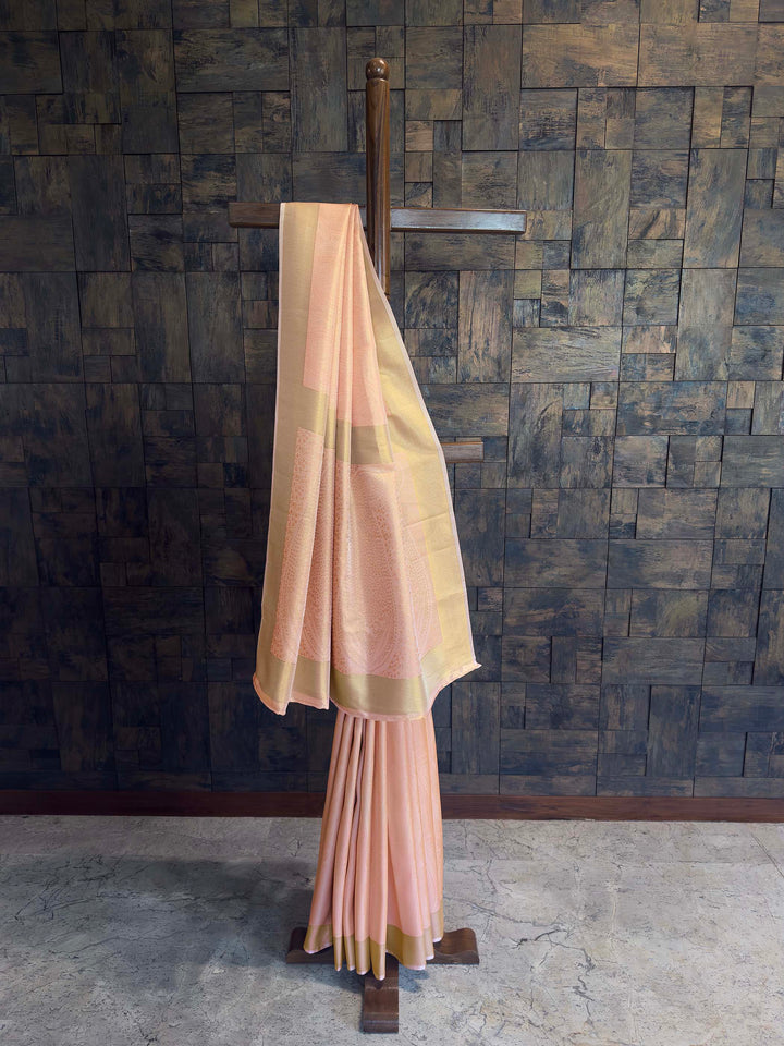 Pastel Peach Tissue Kanjivaram Silk Saree with Gold Zari Work