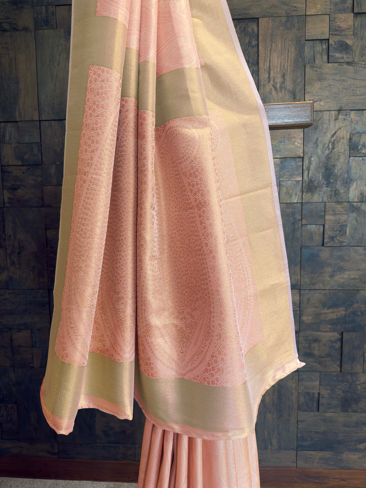 Pastel Peach Tissue Kanjivaram Silk Saree with Gold Zari Work