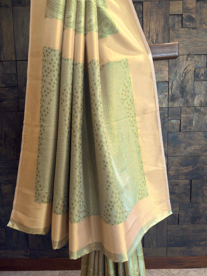 Pastel Green Tissue Kanjivaram Silk Saree with Gold Zari Work