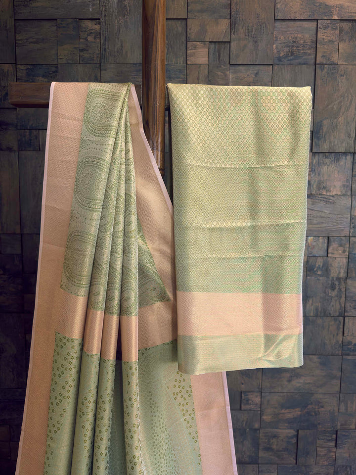 Pastel Green Tissue Kanjivaram Silk Saree with Gold Zari Work