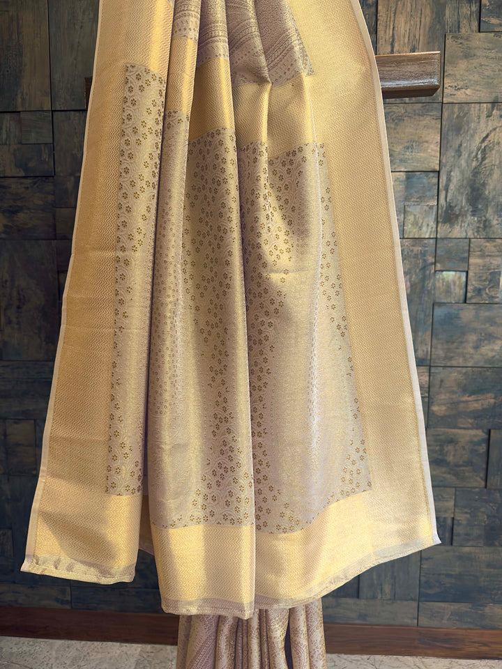 Chikoo Tissue Kanjivaram Silk Saree with Gold Zari Work