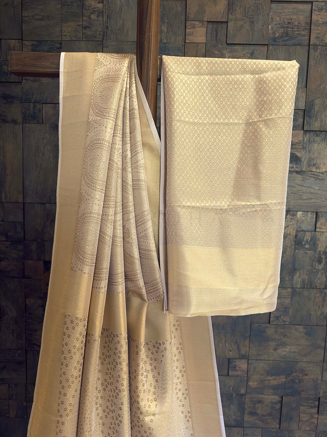 Chikoo Tissue Kanjivaram Silk Saree with Gold Zari Work