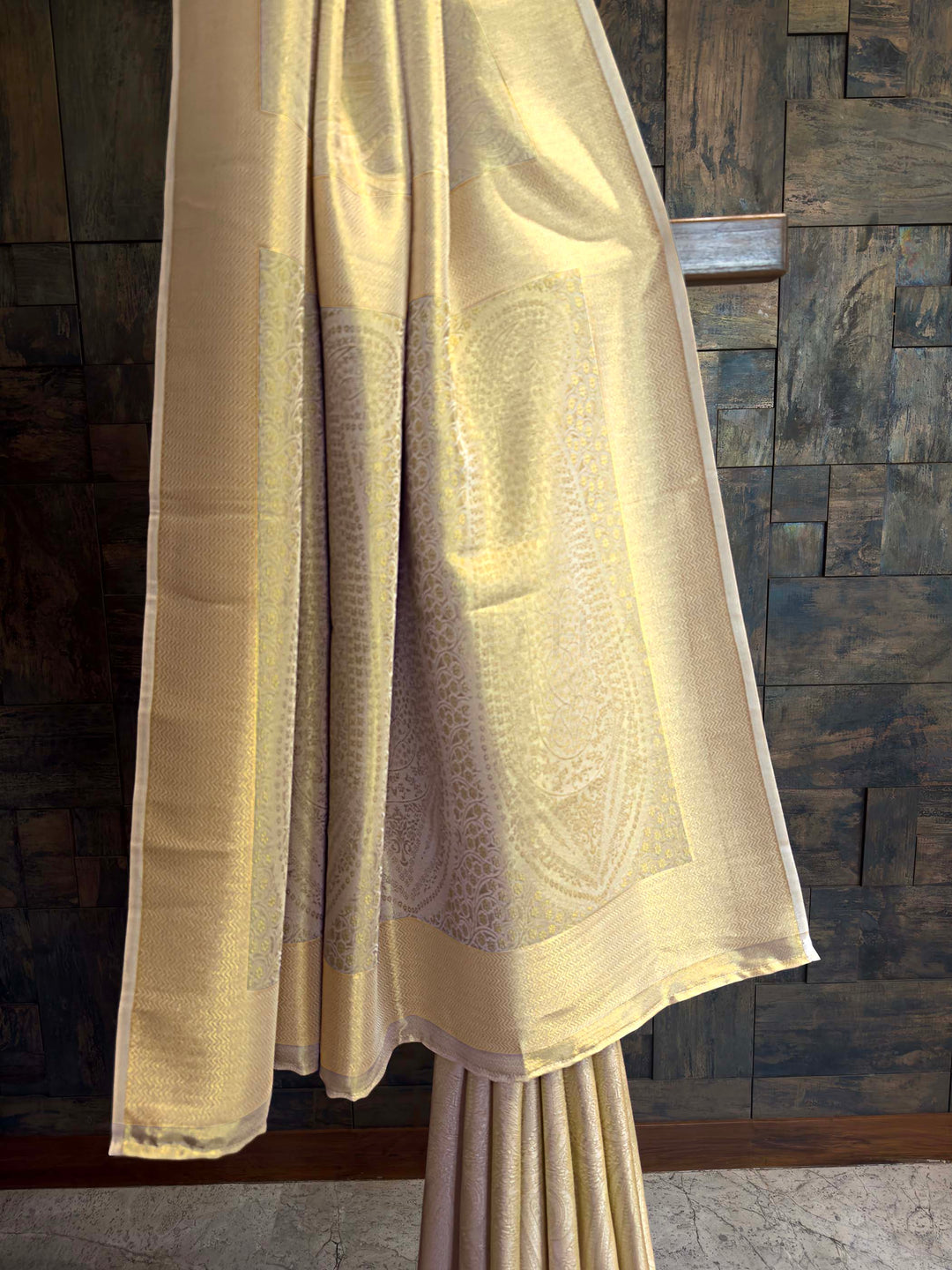 Cream Tissue Kanjivaram Silk Saree with Gold Zari Work