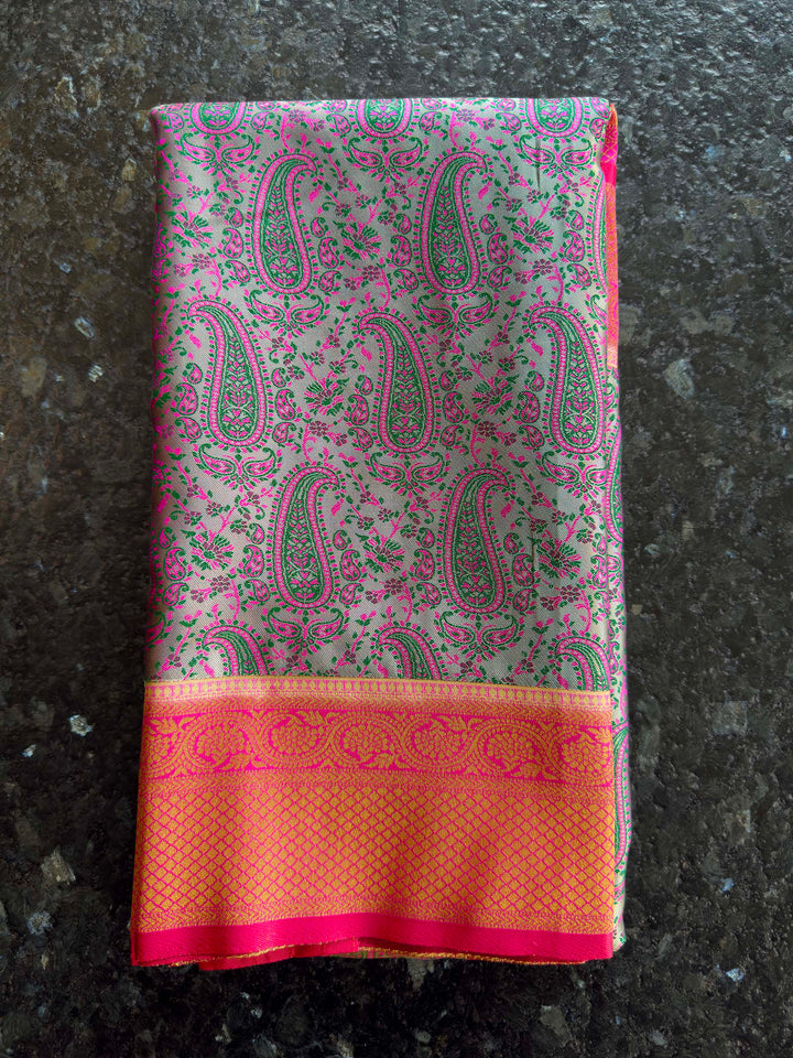 Grey Tanchoi Silk Saree with Multicolor Paisley Weave