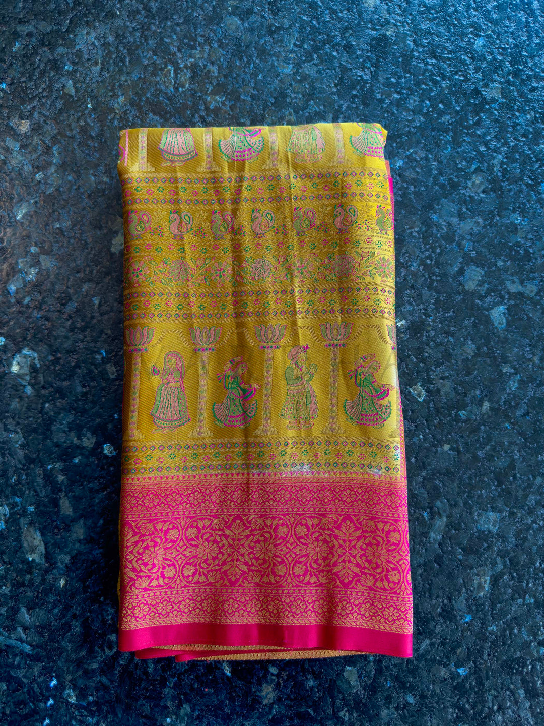 Yellow Pink Woven Kalamkari Art Silk Saree with Zari Work