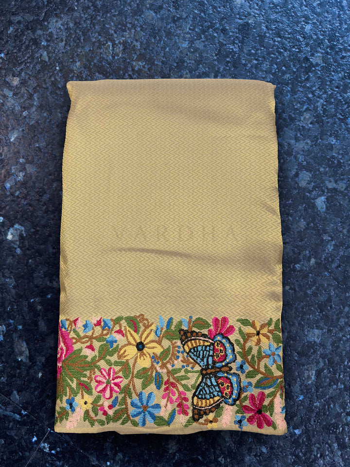 Chikoo Tissue Kanjivaram Silk Saree with Parsi Gara Embroidery