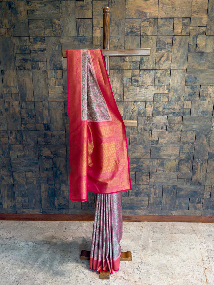 Grey Tanchoi Silk Saree with Multicolor Paisley Weave
