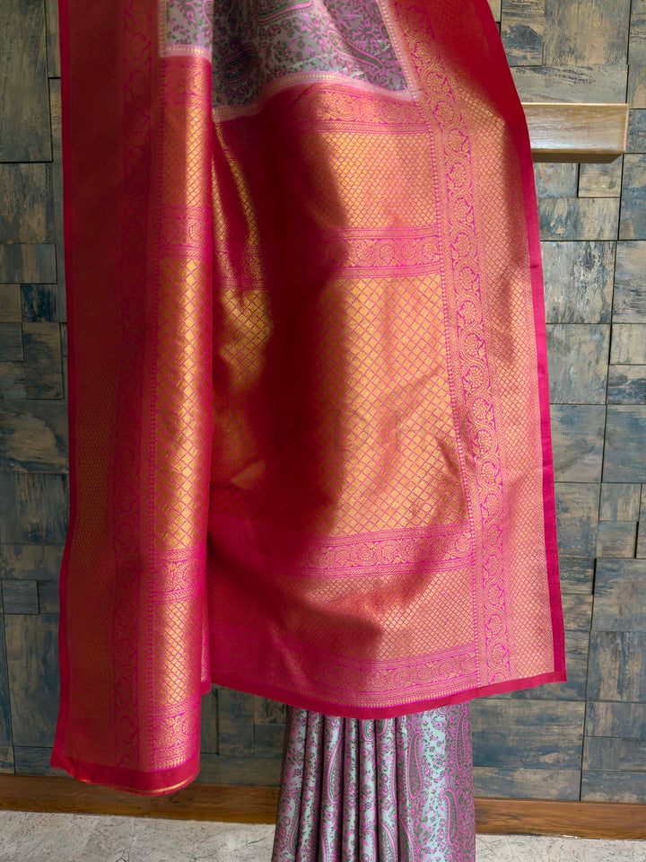 Grey Tanchoi Silk Saree with Multicolor Paisley Weave
