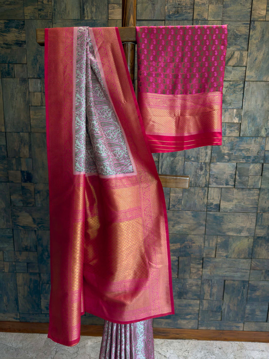 Grey Tanchoi Silk Saree with Multicolor Paisley Weave