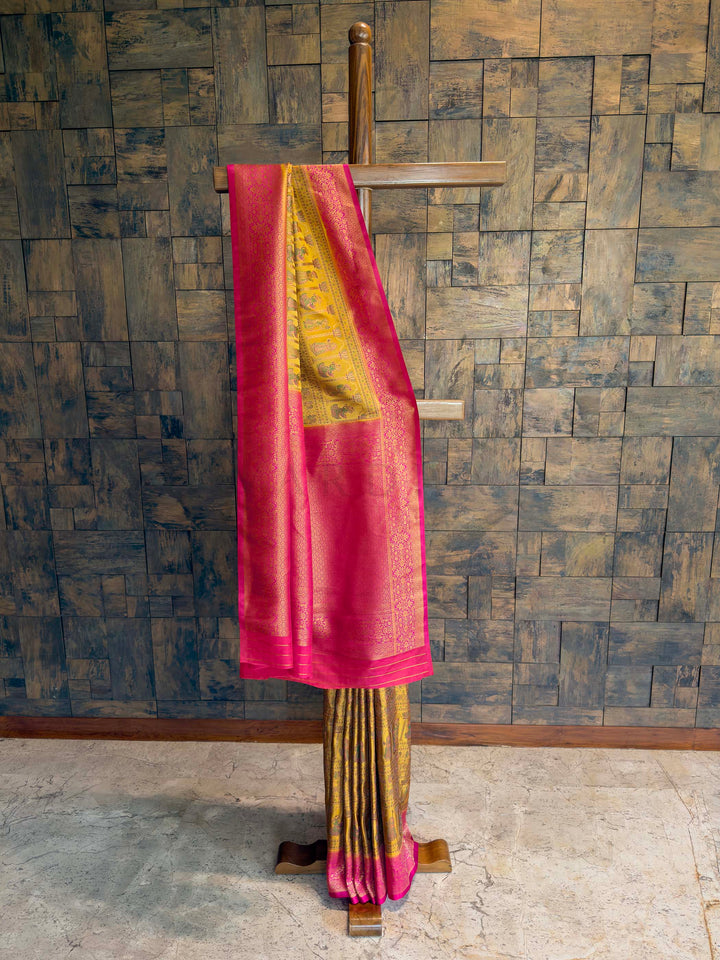 Yellow Pink Woven Kalamkari Art Silk Saree with Zari Work