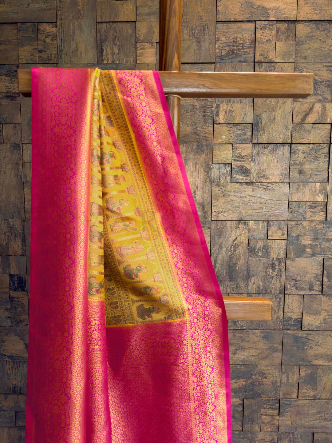 Yellow Pink Woven Kalamkari Art Silk Saree with Zari Work