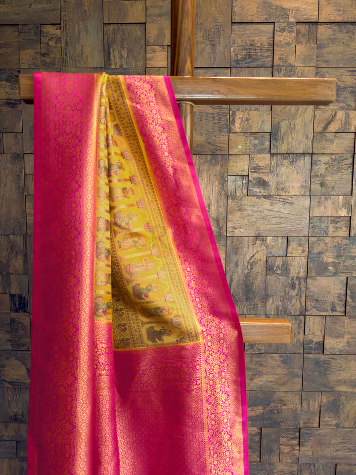 Yellow Pink Woven Kalamkari Art Silk Saree with Zari Work