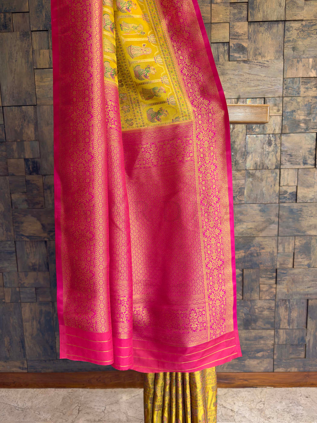 Yellow Pink Woven Kalamkari Art Silk Saree with Zari Work