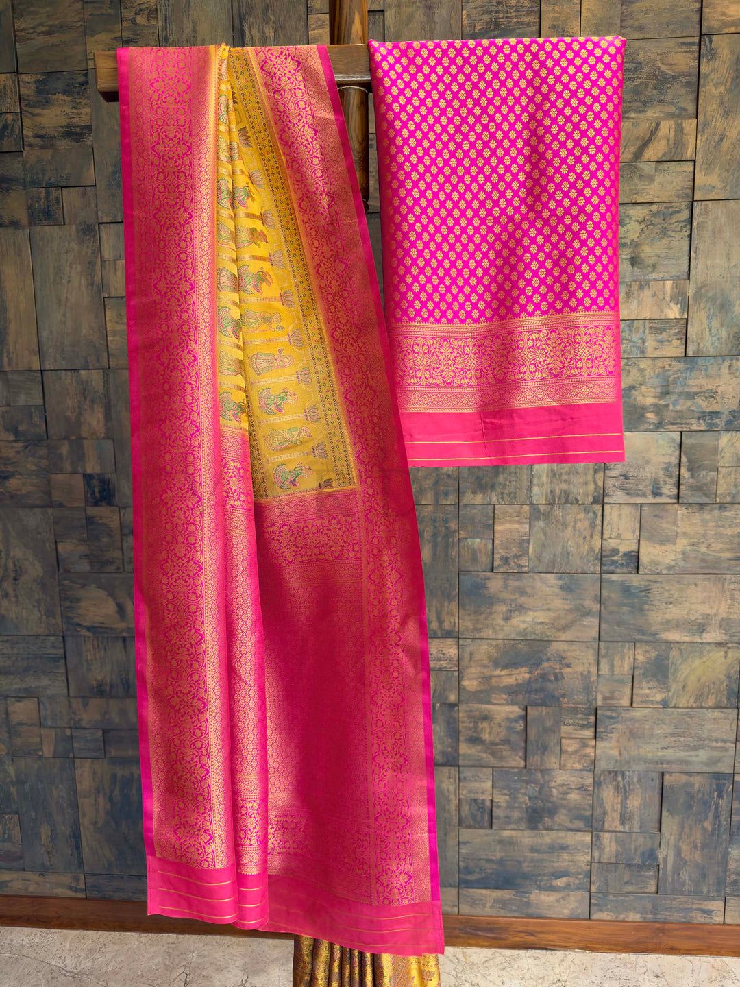 Yellow Pink Woven Kalamkari Art Silk Saree with Zari Work