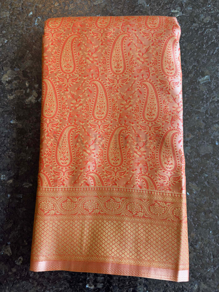 Cream Peach Tanchoi Silk Saree with Multicolor Paisley