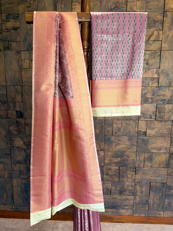 Grey Tanchoi Silk Saree with Multicolor Paisley