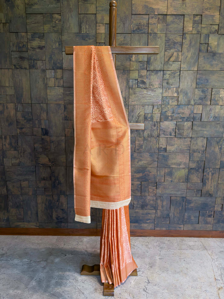 Cream Peach Tanchoi Silk Saree with Multicolor Paisley