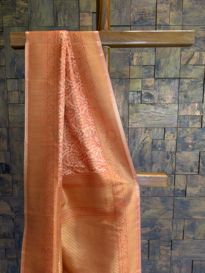 Cream Peach Tanchoi Silk Saree with Multicolor Paisley