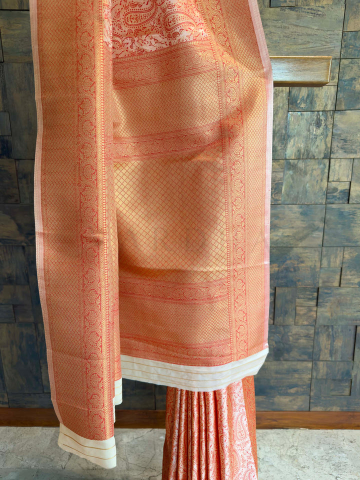 Cream Peach Tanchoi Silk Saree with Multicolor Paisley