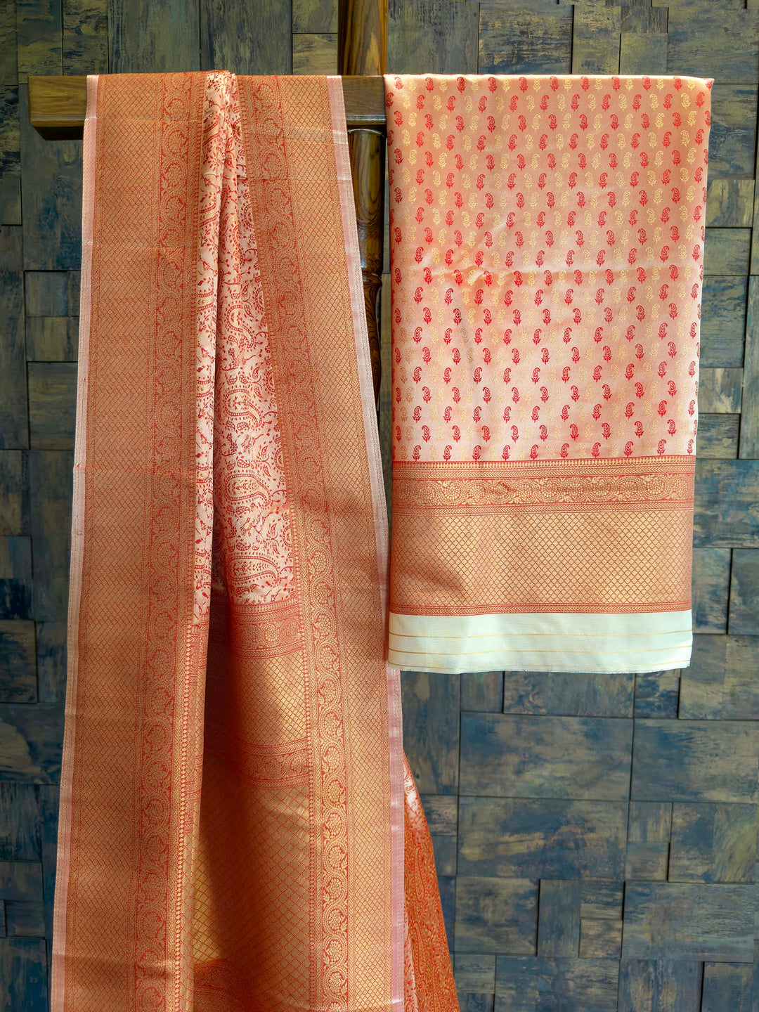 Cream Peach Tanchoi Silk Saree with Multicolor Paisley